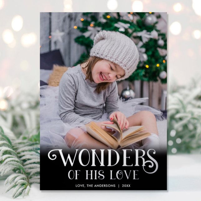 Wonders of His Love Silver foil black one photo Foil Holiday Card (Creator Uploaded)