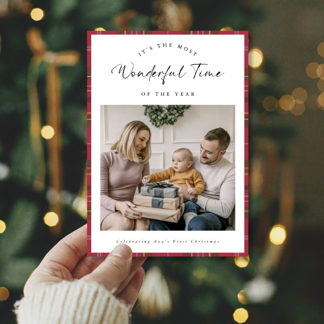 Wonerful Time Baby's First Christmas Plaid Family Holiday Card (Creator Uploaded)