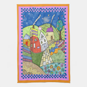 Wonky Folk Art Houses Tea Towel