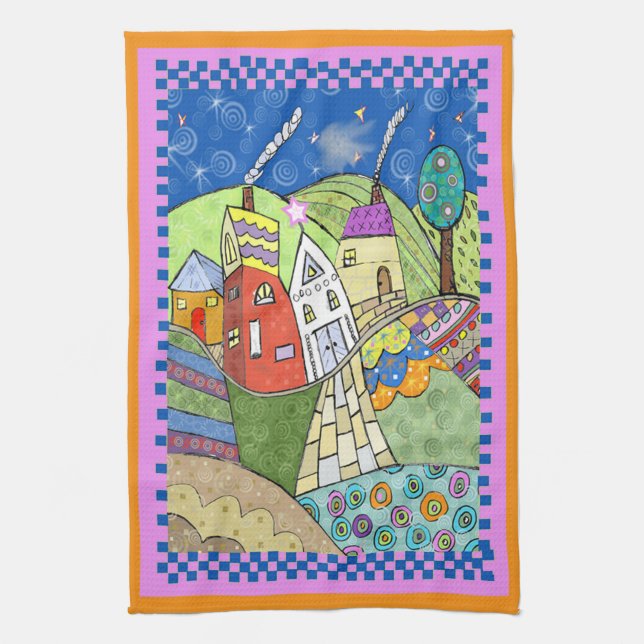 Wonky Folk Art Houses Tea Towel (Vertical)