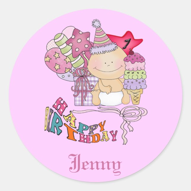 Wonky Happy Birthday Girl 1 Year Old Classic Round Sticker (Front)