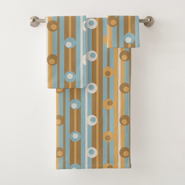 Wonky Polka Dots and Stripes, Apricot, Blue, Brown Bath Towel Set (Insitu)