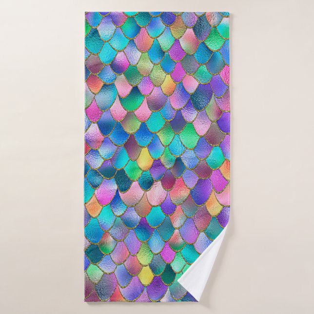 Wonky Rainbow Glitter Metal Mermaid Scales Bath Towel Set (Bath Towel)