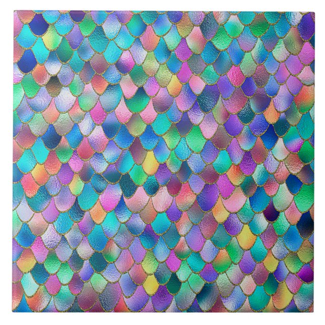 Wonky Rainbow Glitter Metal Mermaid Scales Ceramic Tile (Front)