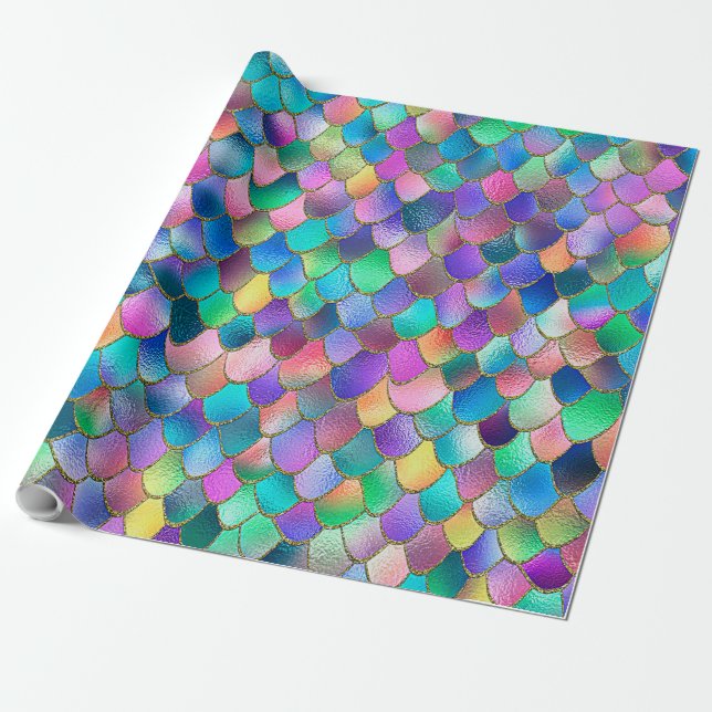 Wonky Rainbow Glitter Metal Mermaid Scales Wrapping Paper (Unrolled)