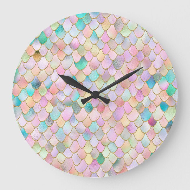 Wonky Trendy Rainbow Girl Metal Mermaid Scales Large Clock (Front)