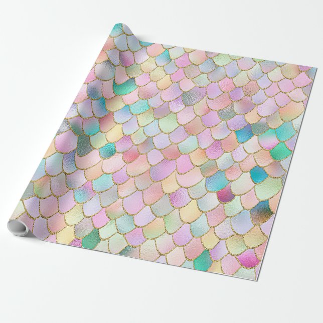 Wonky Trendy Rainbow Girl Metal Mermaid Scales Wrapping Paper (Unrolled)