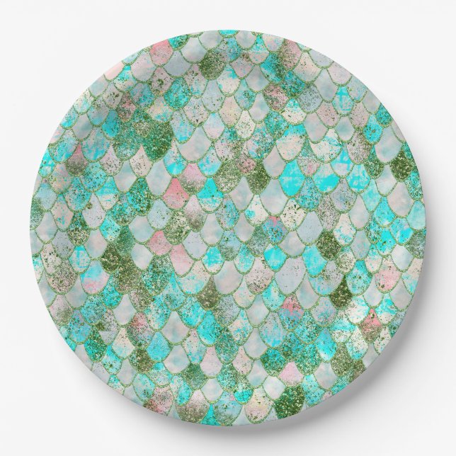 Wonky Watercolor Mint Green Glitter Mermaid Scales Paper Plate (Front)