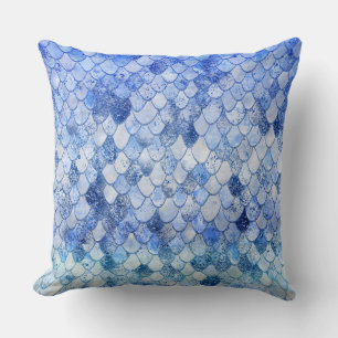 Wonky Watercolor Ocean Blue Glitter Mermaid Scales Cushion