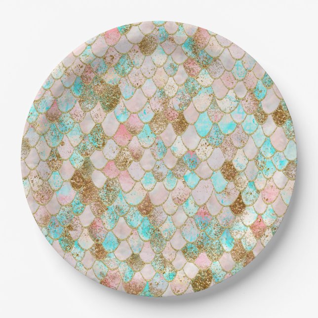 Wonky Watercolor Pastel Glitter Mermaid Scales Paper Plate (Front)