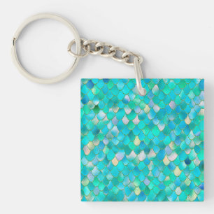Wonky Watercolor Teal Glitter Metal Mermaid Scales Key Ring