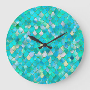 Wonky Watercolor Teal Glitter Metal Mermaid Scales Large Clock