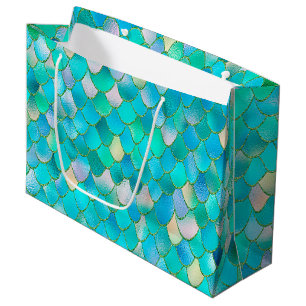 Wonky Watercolor Teal Glitter Metal Mermaid Scales Large Gift Bag