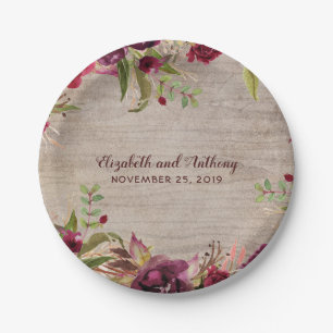 Wood and Burgundy Flowers Rustic Wedding Paper Plate