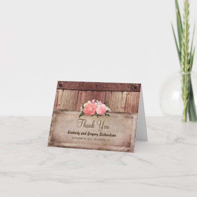 Wood and Burlap Rustic Floral Wedding Thank You Card (Front)