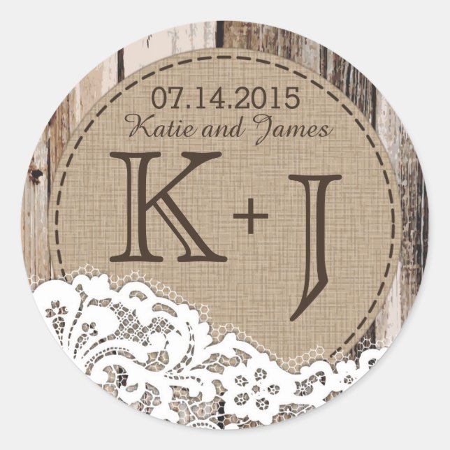 Wood and Lace Rustic Monogram Wedding Label (Front)
