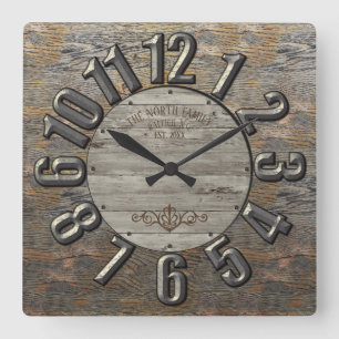 Wood and Metal Large Number w/Name Square Wall Clock