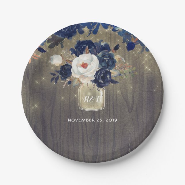 Wood and Navy Flowers Mason Jar Wedding Paper Plate (Front)