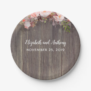 Wood and Pink Flowers Rustic Wedding Paper Plate