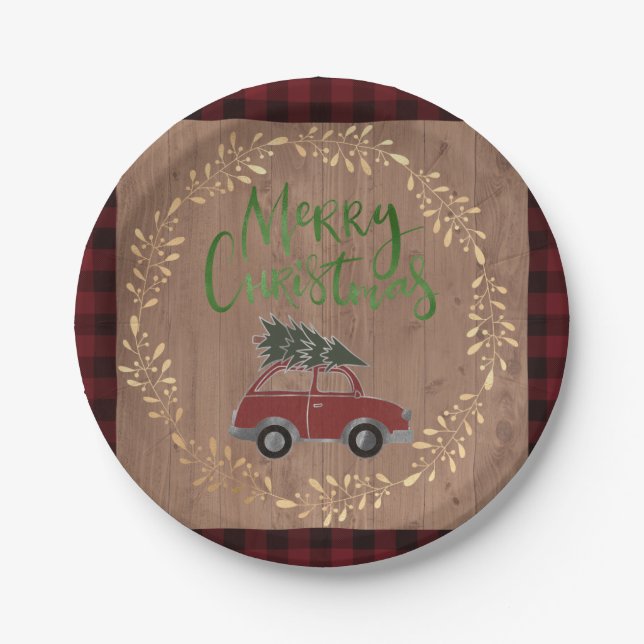 Wood and Plaid Christmas   Paper Plate (Front)