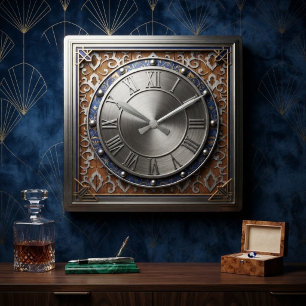 Wood and Silver Art Deco Luxury Brushed Metal Square Wall Clock