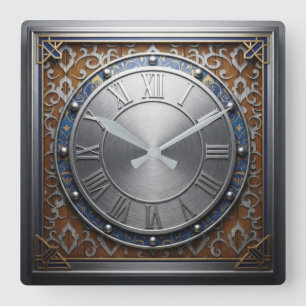 Wood and Silver Art Deco Luxury Brushed Metal Square Wall Clock