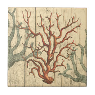 Wood and Small Coral Ceramic Tile