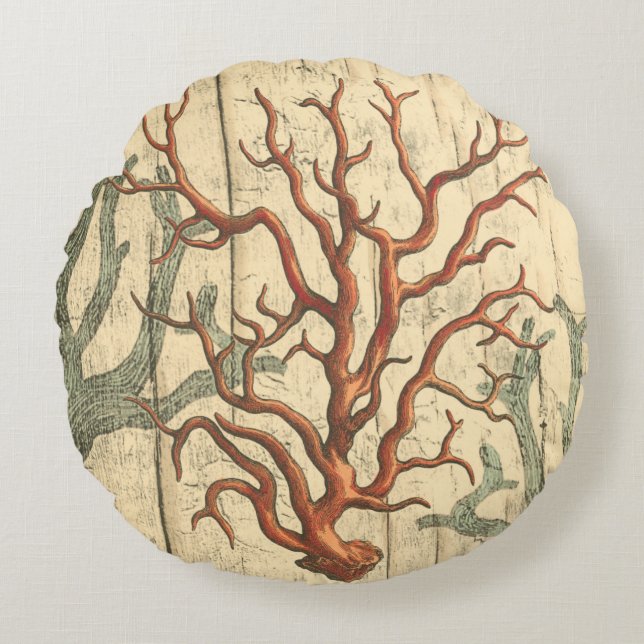 Wood and Small Coral Round Cushion (Front)