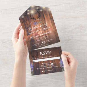 Wood Antler String Lights Lavender Wedding All In One Invitation