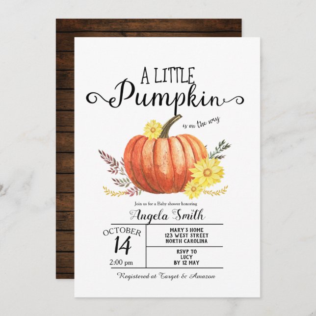 Wood Baby Shower Little Pumpkin Invitation Rustic (Front/Back)