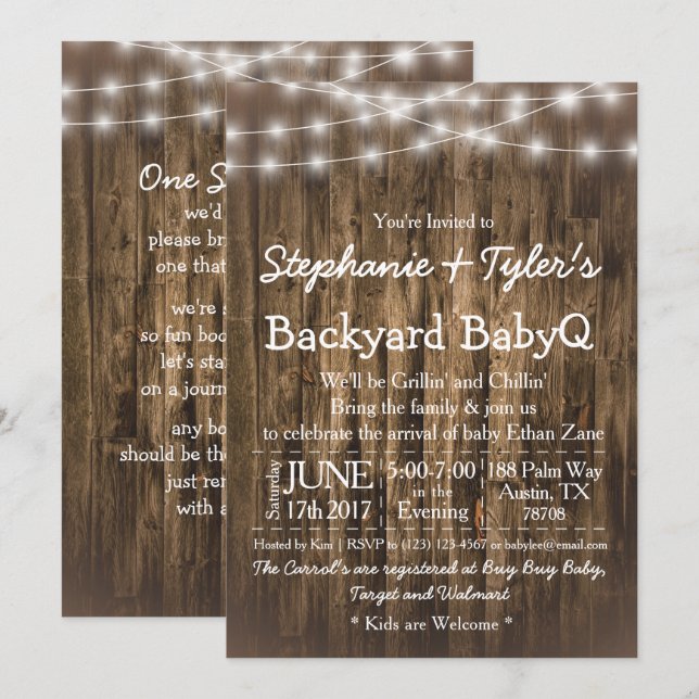 Wood BabyQ Backyard BBQ Bash Rustic Baby Shower Invitation (Front/Back)