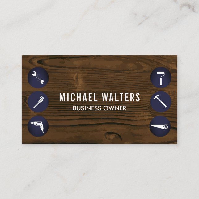 Wood Background | Hardware Tools Business Card (Front)
