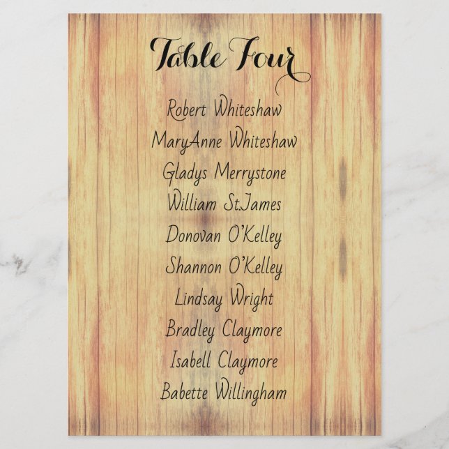 Wood Background Table Number Sheet Guest Names (Front)