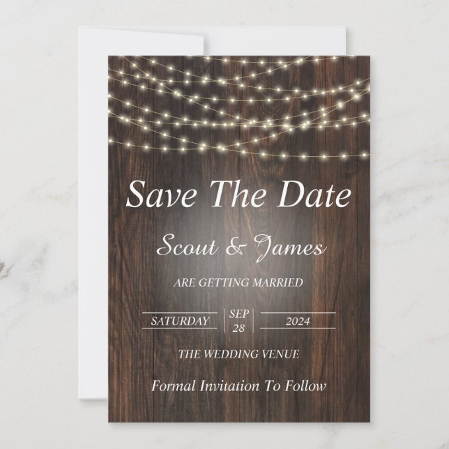 Wood Background with Elegant Lights Save The Date (Front)