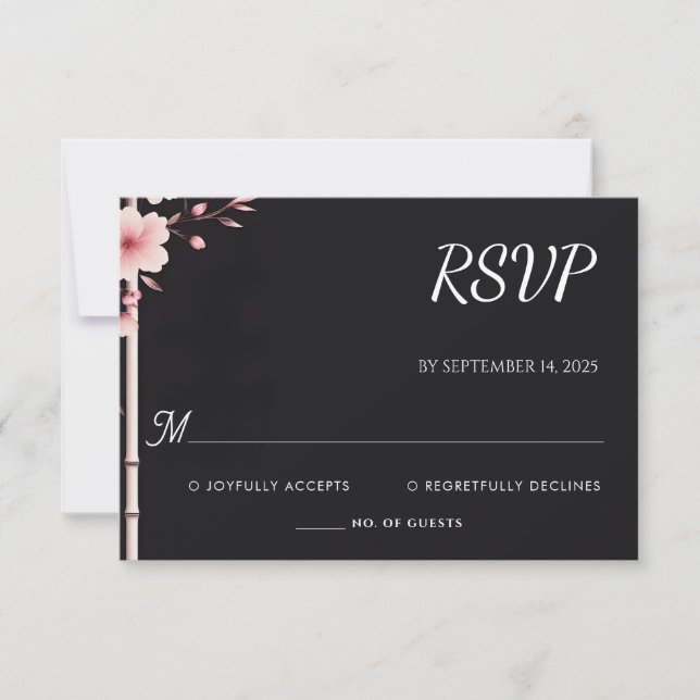 Wood Bamboo Pink Sakura Cherry Blossom Wedding RSVP Card (Front)