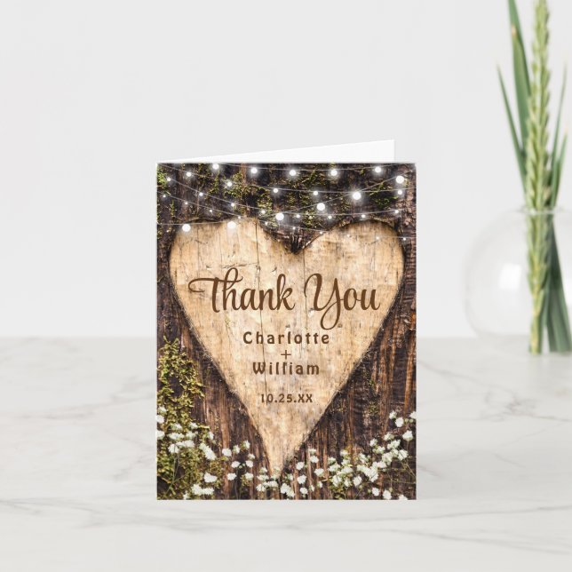 Wood Bark Baby Breath Heart Rustic Wedding Thank You Card (Front)