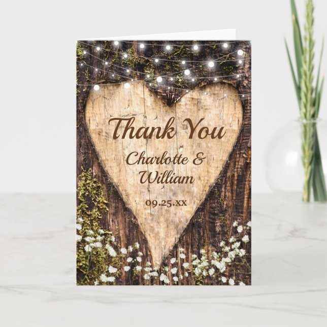 Wood Bark Baby Breath Heart Rustic Wedding Thank You Card (Front)