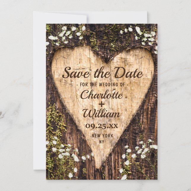 Wood Bark Heart Baby Breath Wedding Save The Date (Front)