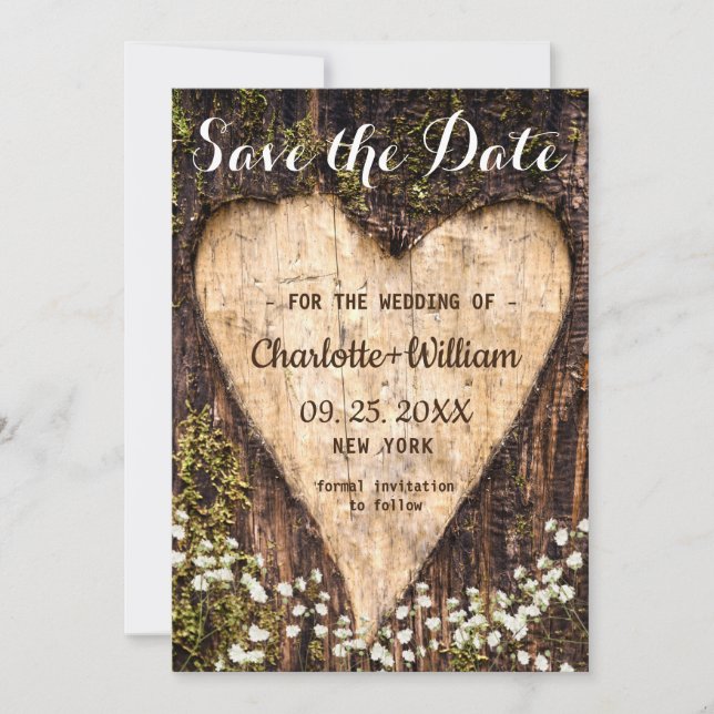 Wood Bark Heart Baby Breath Wedding Save The Date (Front)