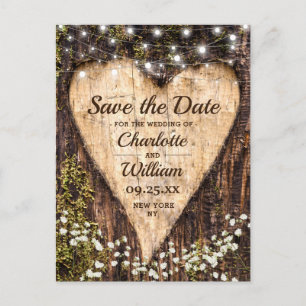 Wood Bark Heart Baby Breath Wedding Save The Date Postcard