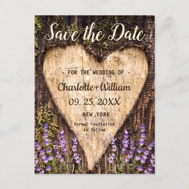 Wood Bark Heart Lavender Wedding Save The Date Postcard (Front)