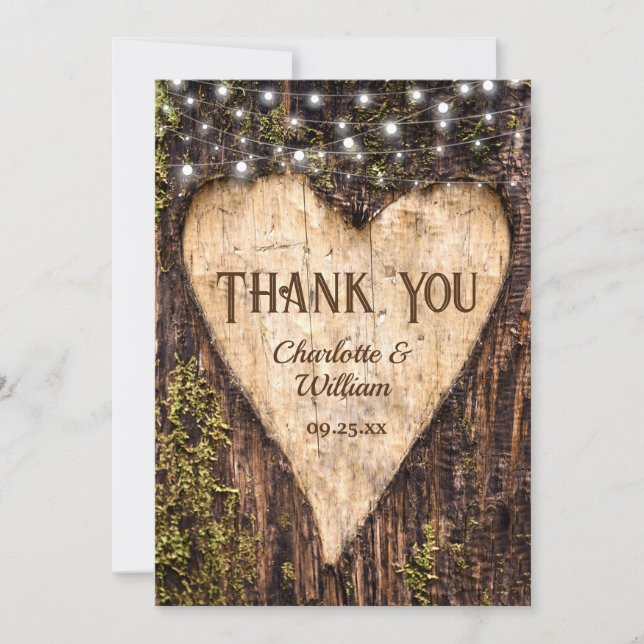 Wood Bark String Lights Heart Rustic Wedding Thank You Card (Front)