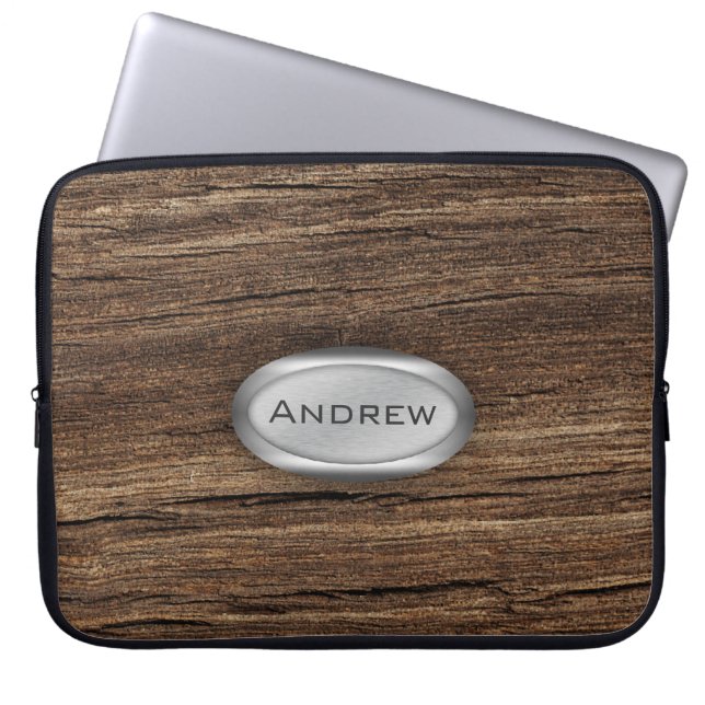 Wood Bark Texture Pattern Metallic Nameplate Laptop Sleeve (Front)