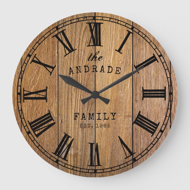 Wood Barn Rustic Family Name Farmhouse Year Wooden Large Clock (Front)