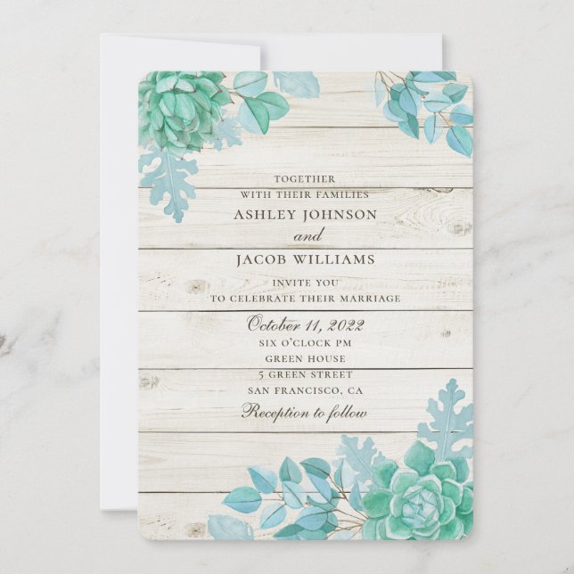 Wood barn succulent wedding. Mint cactus rustic Invitation (Front)