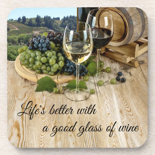 Wood Barrel and Grapes Wine Coasters (Front)