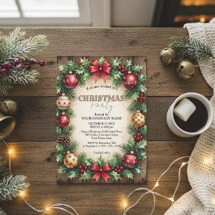 Wood Baubles Red Bow Corporate Christmas Party Invitation