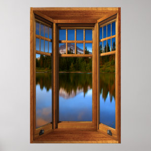 Wood Bay Window Illusion - Mountain Lake Poster