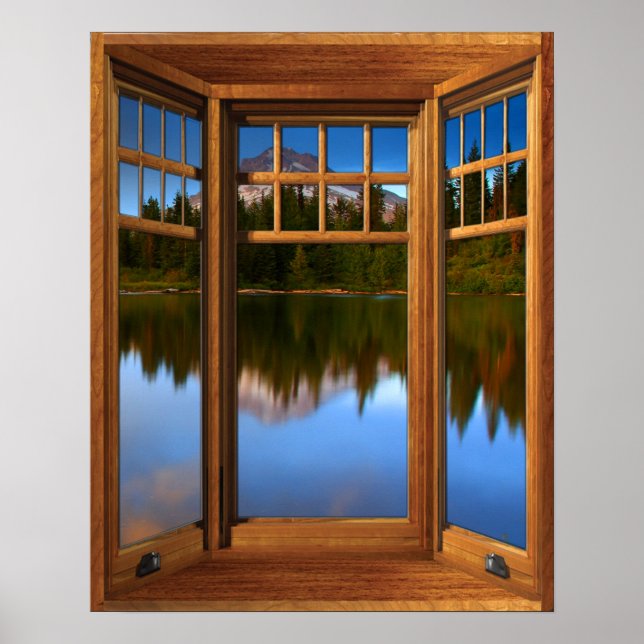 Wood Bay Window Illusion  Mountain Lake Reflection Poster (Front)