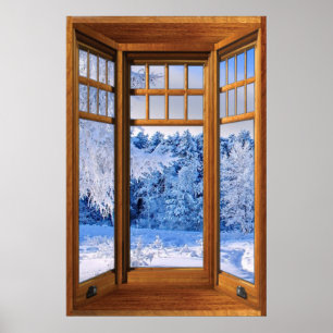 Wood Bay Window Illusion - Winter Snow Poster